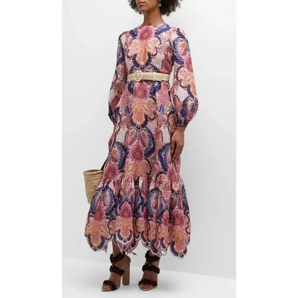Zimmermann Laurel Billow Belted Puff Sleeve Midi Linen Dress Pink Purple - Picture 16 of 16